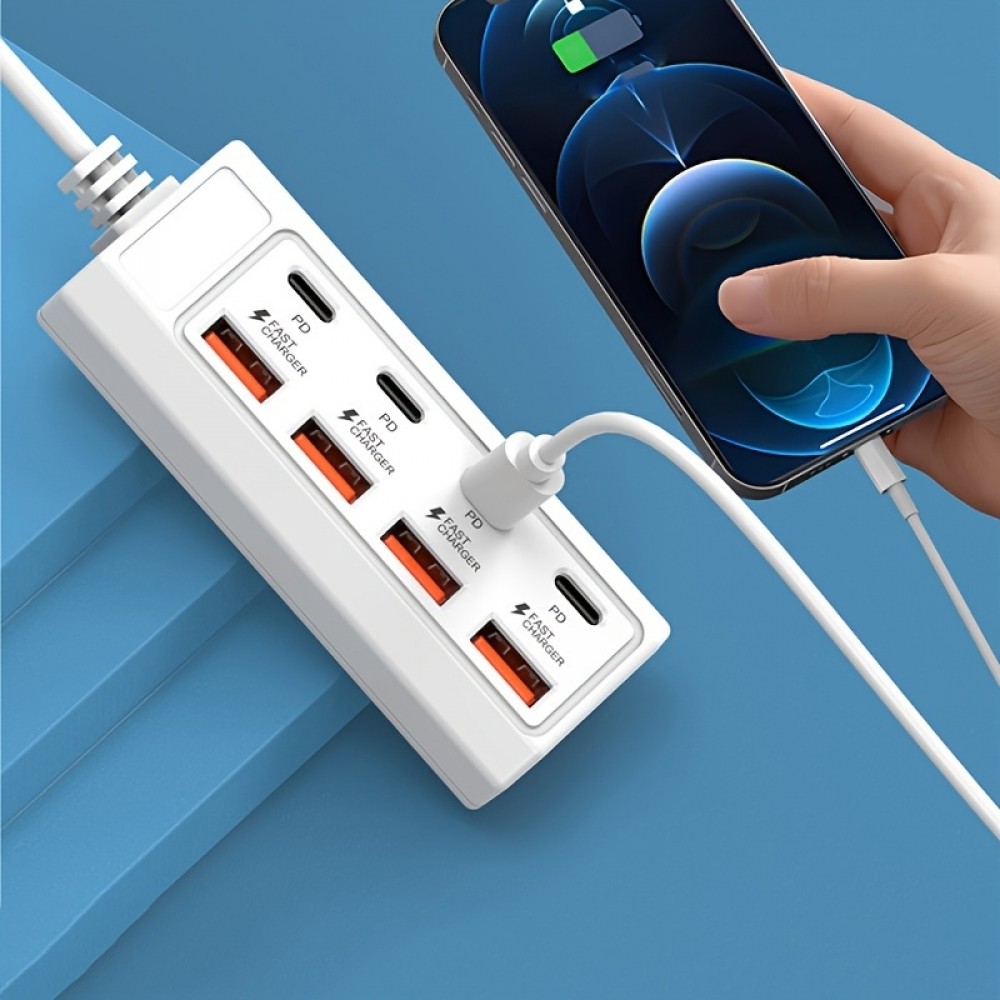 Chargeur rapide hub 8 ports USB (4x USB-A / 4x USB-C) 25W pour t&eacute;l&eacute;phone portable et tablette multi-appareils - Blanc