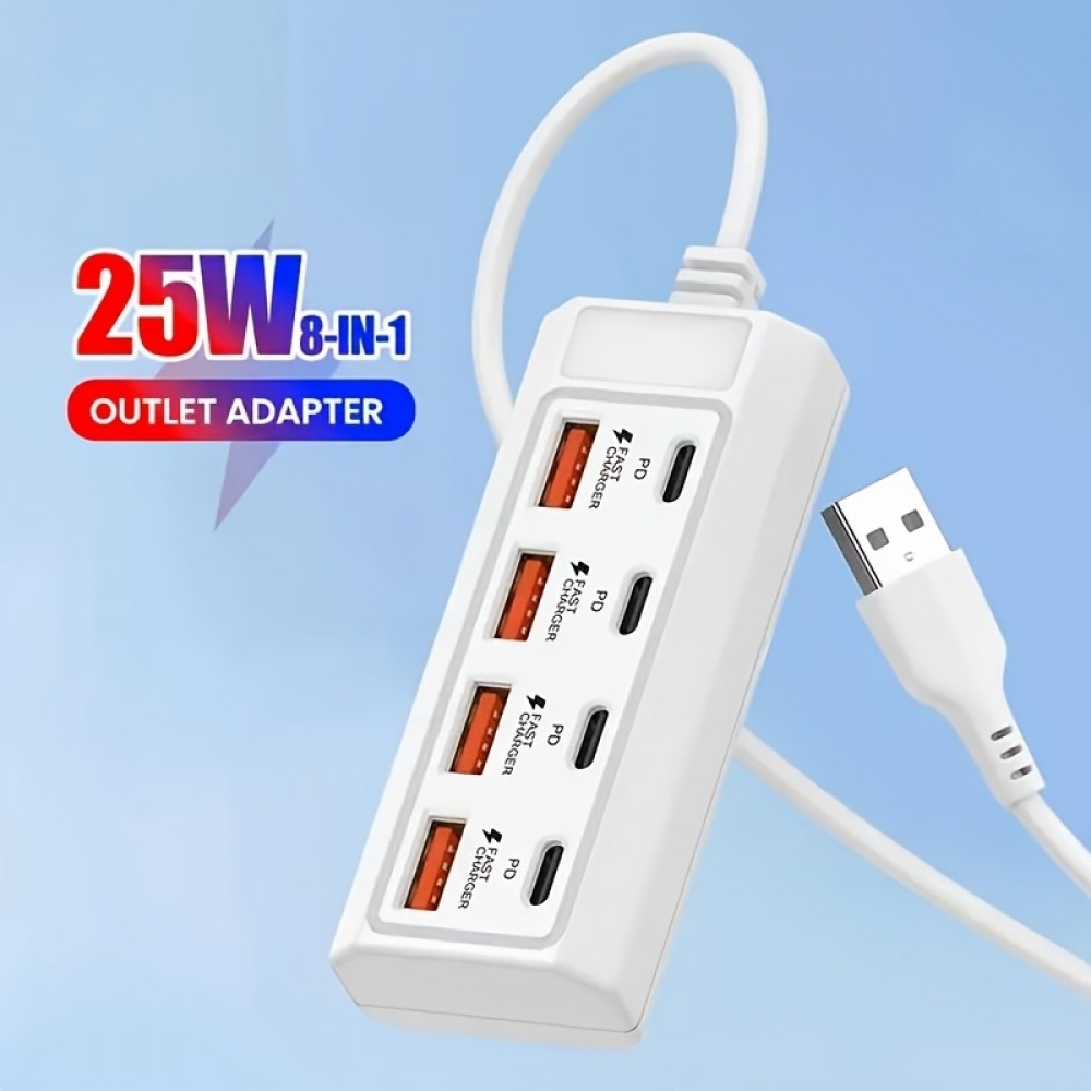 Chargeur rapide hub 8 ports USB (4x USB-A / 4x USB-C) 25W pour t&eacute;l&eacute;phone portable et tablette multi-appareils - Blanc