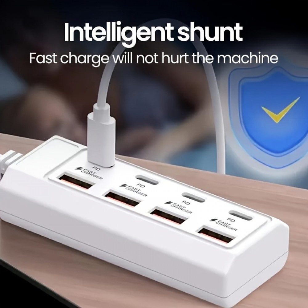 Chargeur rapide hub 8 ports USB (4x USB-A / 4x USB-C) 25W pour t&eacute;l&eacute;phone portable et tablette multi-appareils - Blanc