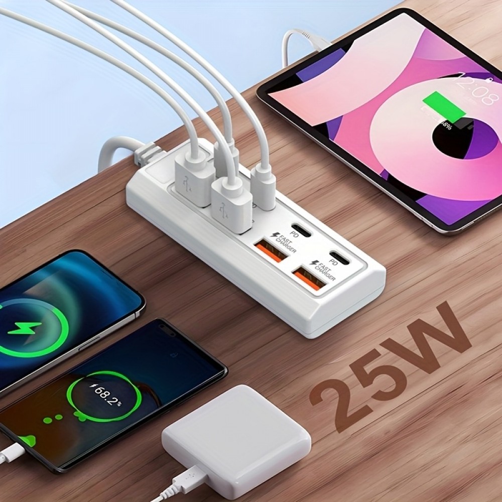 Chargeur rapide hub 8 ports USB (4x USB-A / 4x USB-C) 25W pour t&eacute;l&eacute;phone portable et tablette multi-appareils - Blanc