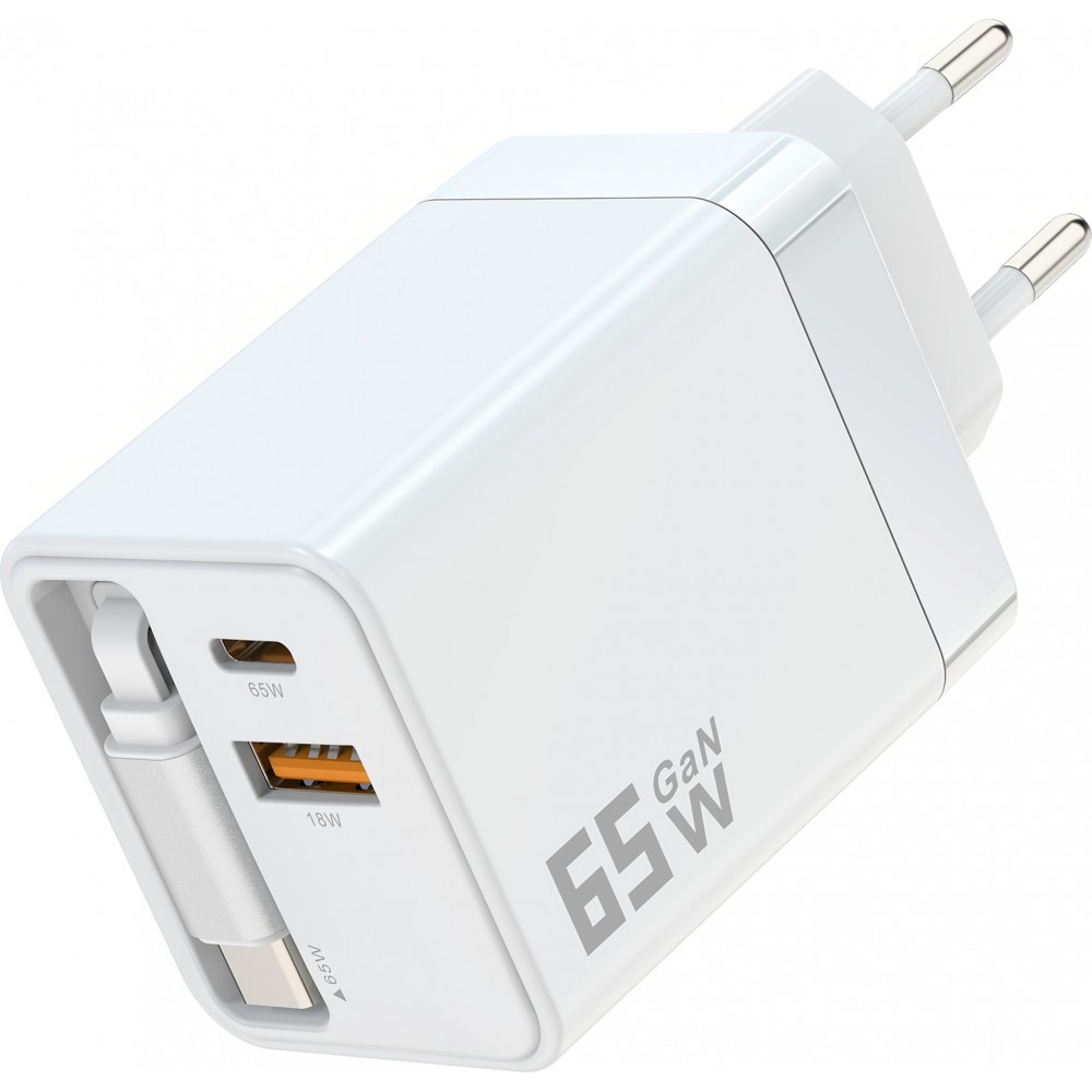 Chargeur rapide multiports PD 65W avec c&acirc;ble USB-C int&eacute;gr&eacute; - Blanc