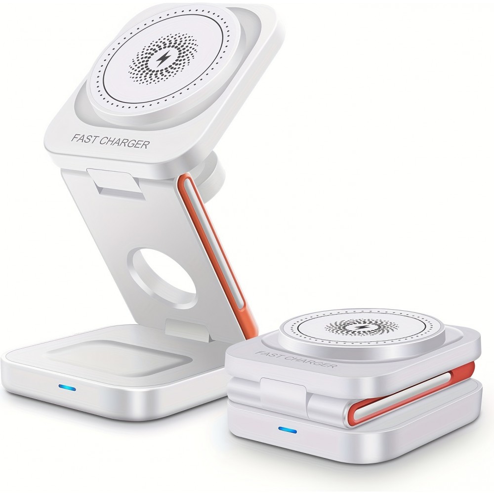 3-in-1 15W Magnetischer Kabelloser Ladeger&auml;t mit Faltbarem St&auml;nder f&uuml;r iPhone / Apple Watch / AirPods und USB-C Anschluss - Weiss