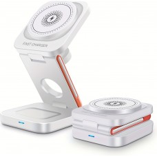 3-in-1 15W Magnetischer Kabelloser Ladeger&auml;t mit Faltbarem St&auml;nder f&uuml;r iPhone / Apple Watch / AirPods und USB-C Anschluss - Weiss