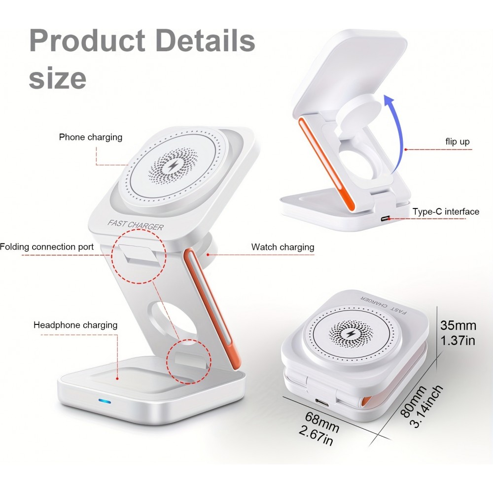3-in-1 15W Magnetischer Kabelloser Ladeger&auml;t mit Faltbarem St&auml;nder f&uuml;r iPhone / Apple Watch / AirPods und USB-C Anschluss - Weiss