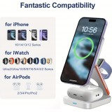 3-in-1 15W Magnetischer Kabelloser Ladeger&auml;t mit Faltbarem St&auml;nder f&uuml;r iPhone / Apple Watch / AirPods und USB-C Anschluss - Weiss
