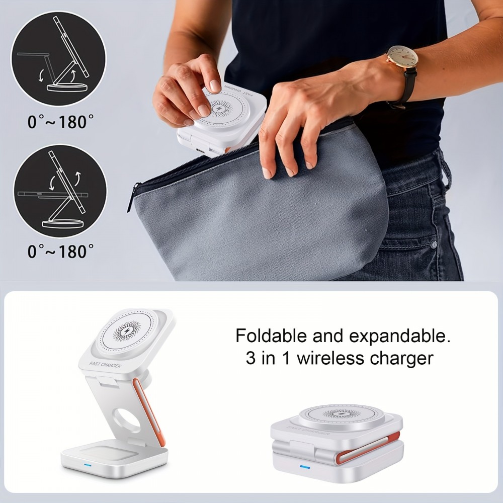 3-in-1 15W Magnetischer Kabelloser Ladeger&auml;t mit Faltbarem St&auml;nder f&uuml;r iPhone / Apple Watch / AirPods und USB-C Anschluss - Weiss