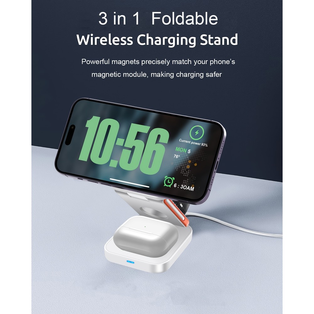 3-in-1 15W Magnetischer Kabelloser Ladeger&auml;t mit Faltbarem St&auml;nder f&uuml;r iPhone / Apple Watch / AirPods und USB-C Anschluss - Weiss