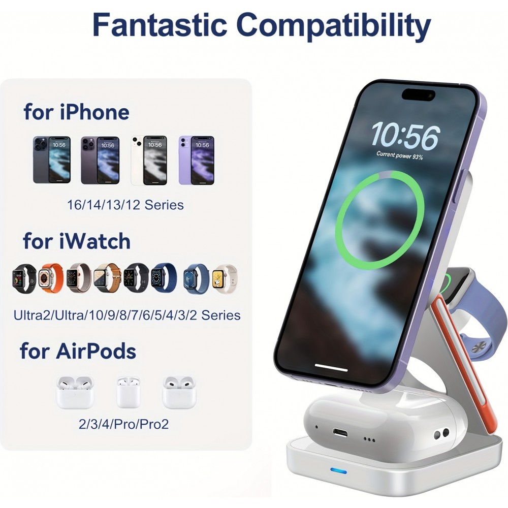 Chargeur sans fil magnétique 3 en 1 15W support pliable pour iPhone / Apple Watch / AirPods avec port USB-C - Noir