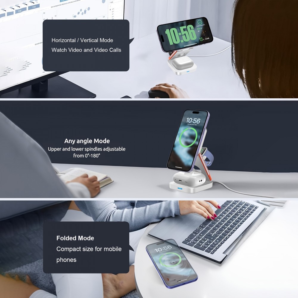 Chargeur sans fil magnétique 3 en 1 15W support pliable pour iPhone / Apple Watch / AirPods avec port USB-C - Noir