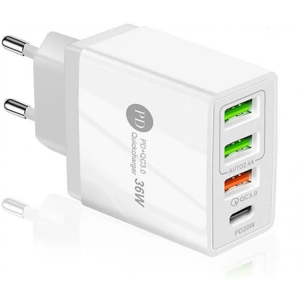Chargeur secteur 36W PowerDelivery QC3.0 Adaptateur de charge rapide 3x USB-A + 1x USB-C - Blanc