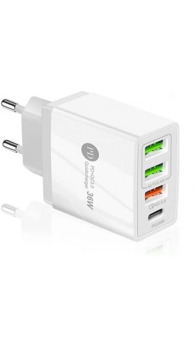 Ladegerät Netzstecker 36W PowerDelivery QC3.0 Schnelllade Adapter 3x USB-A + 1x USB-C - Weiss