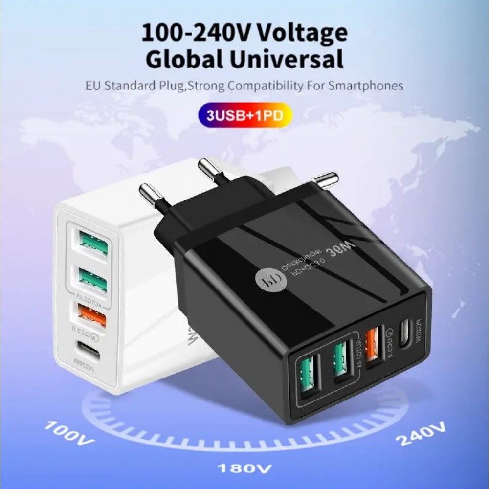 Chargeur secteur 36W PowerDelivery QC3.0 Adaptateur de charge rapide 3x USB-A + 1x USB-C - Blanc