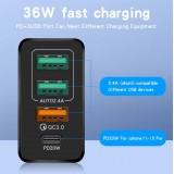 Ladegerät Netzstecker 36W PowerDelivery QC3.0 Schnelllade Adapter 3x USB-A + 1x USB-C - Schwarz