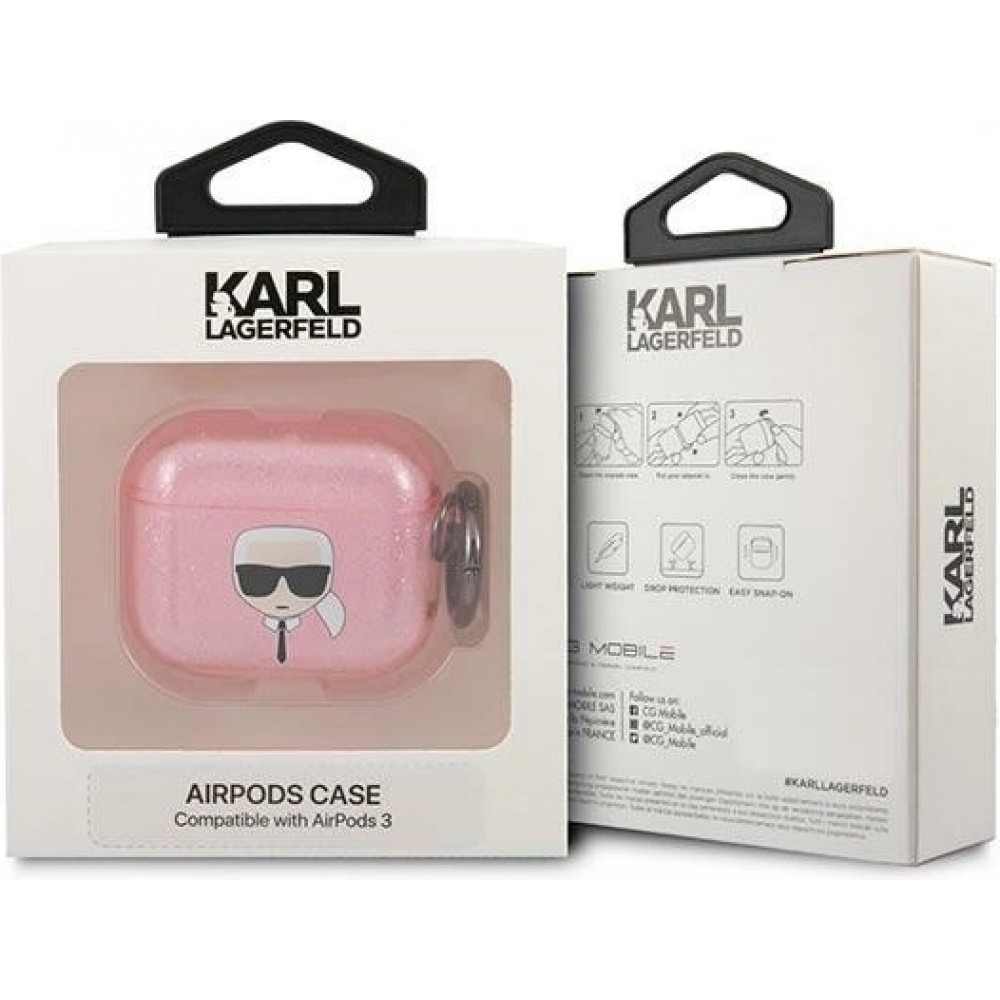 AirPods 3 Case H&uuml;lle - Karl Lagerfeld Glitzer Kopf von Karl - Rosa