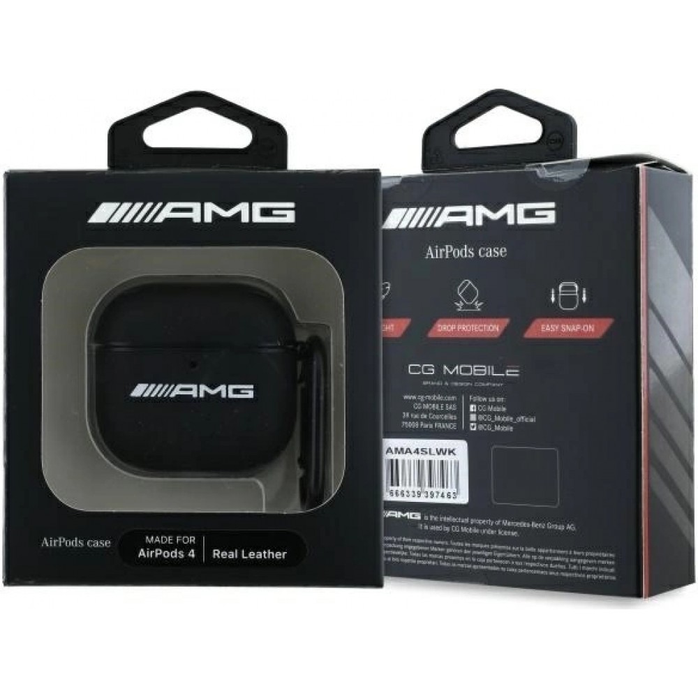 Coque AirPods 4 - AMG cuir véritable avec mousqueton intégré - Noir