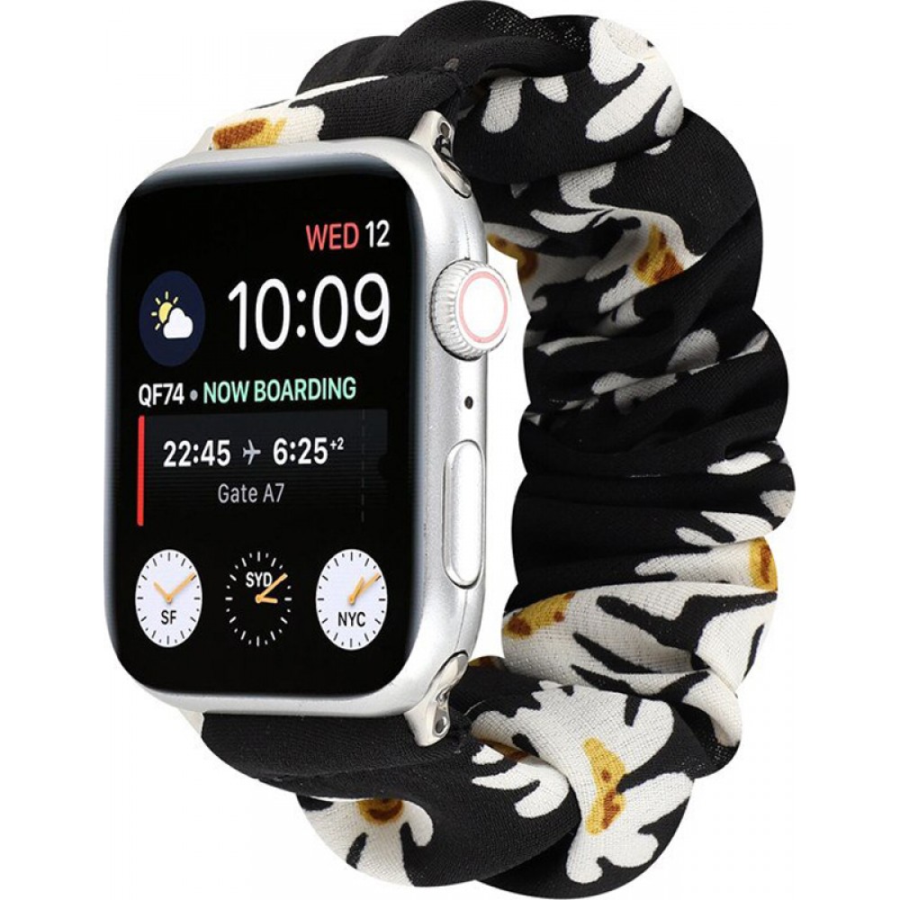 Stoff Ersatz Armband Scrunchie blumen schwarz - Apple Watch 44/45/46/49 mm