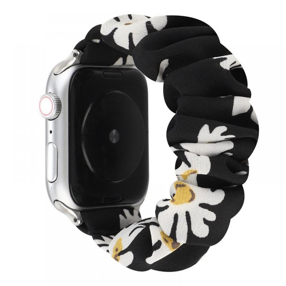 Stoff Ersatz Armband Scrunchie blumen schwarz - Apple Watch 44/45/46/49 mm