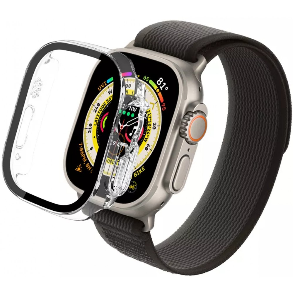 Apple Watch Ultra 49 mm Case Hülle - Hartplastikschale mit Schutzglas Tempered Glass integriertem - Transparent
