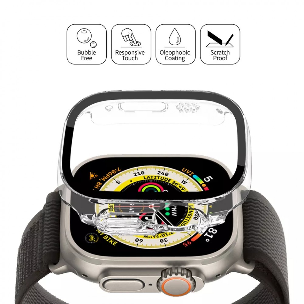 Apple Watch Ultra 49 mm Case Hülle - Hartplastikschale mit Schutzglas Tempered Glass integriertem - Transparent