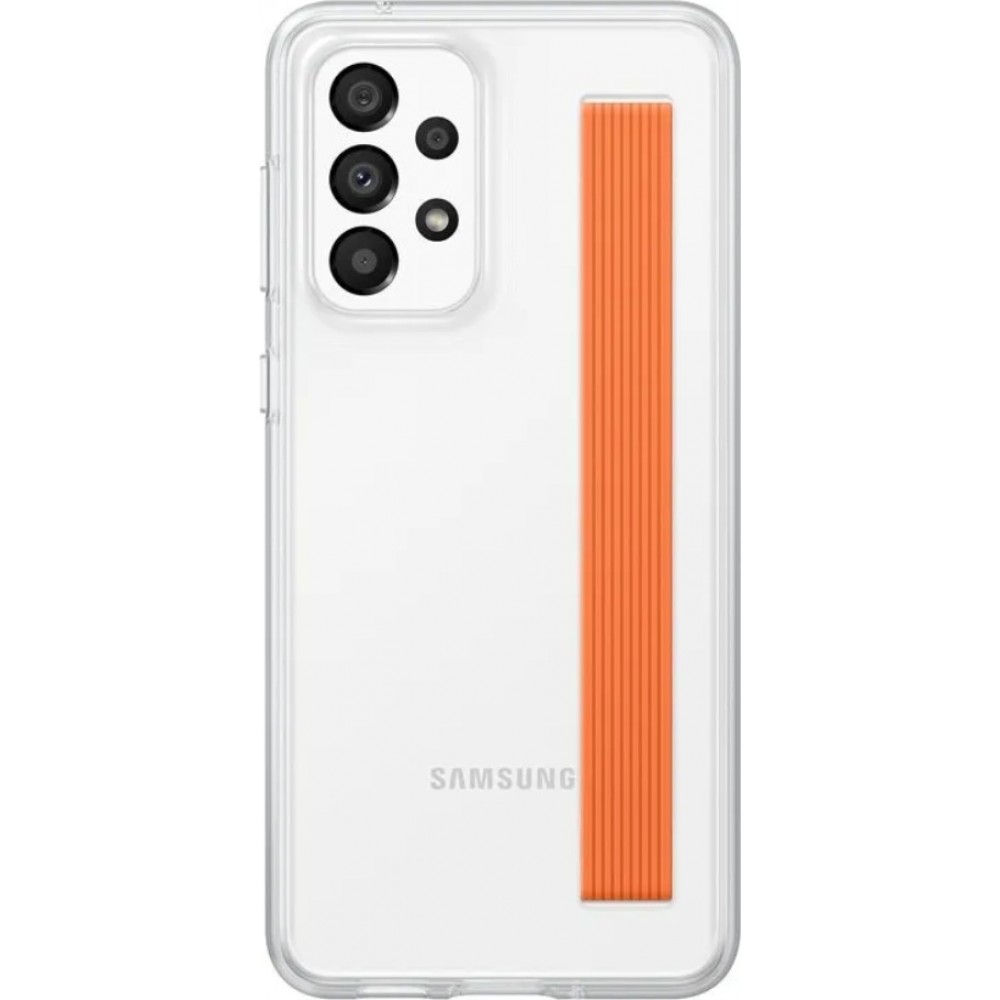 Galaxy A33 5G Case Hülle - Samsung Slim Strap Cover - Dünne Schale mit orangefarbener Griffbefestigung - Transparent