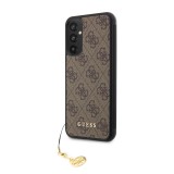 Samsung Galaxy A34 5G Case Hülle - Guess Leinwand Kunstleder Monogramm goldenen Metall-Logo mit Charm Anhänger - Braun
