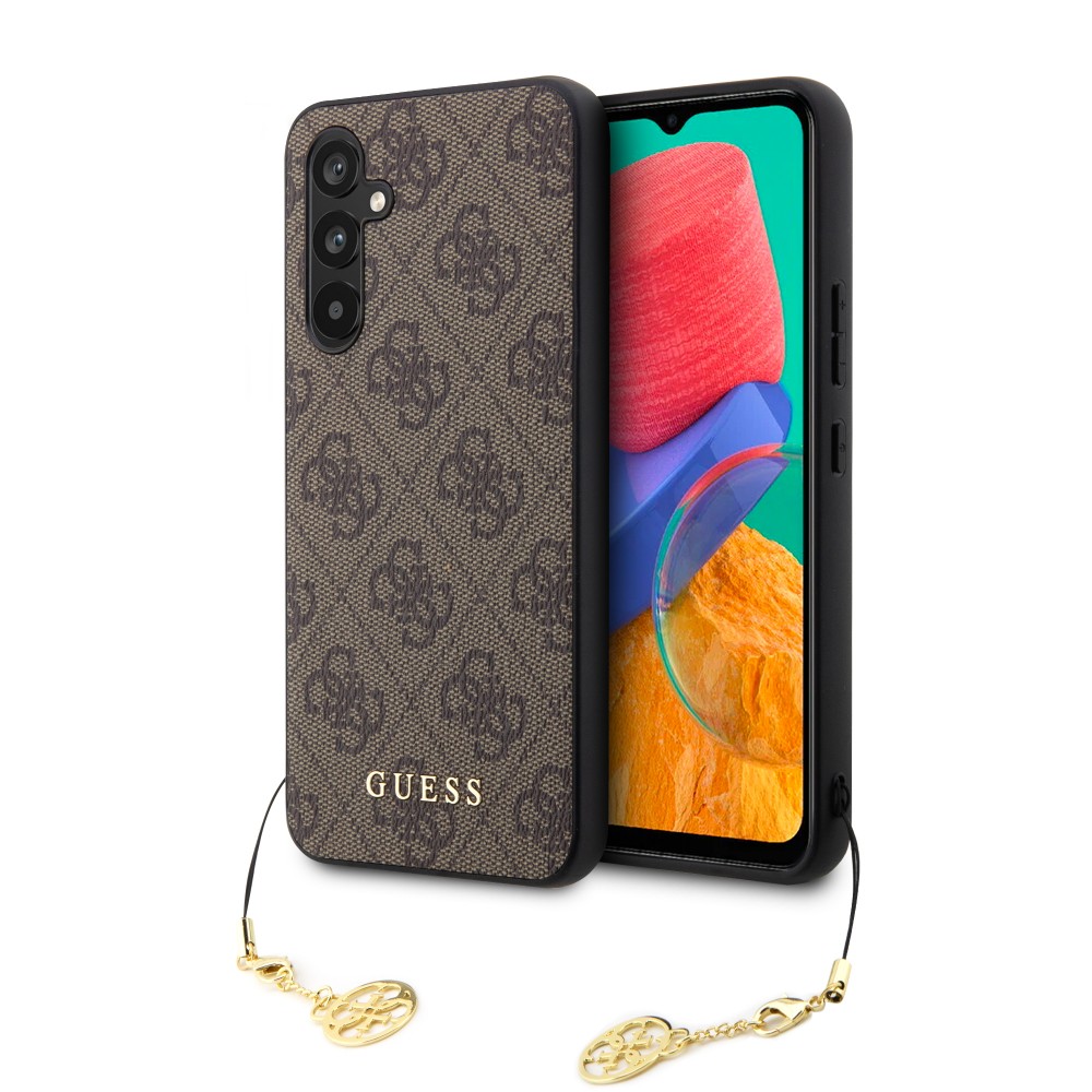 Coque Samsung Galaxy A54 5G - Guess toile similicuir monogramme logo métallique doré avec pendentif charm - Brun