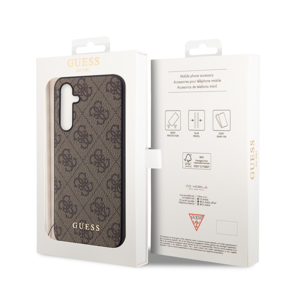 Coque Samsung Galaxy A54 5G - Guess toile similicuir monogramme logo métallique doré avec pendentif charm - Brun