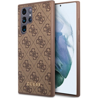 Samsung Galaxy S22 Ultra Case Hülle - Guess Leinwand Kunstleder mit goldfarbenem Metall-Logo in Reliefoptik - Braun