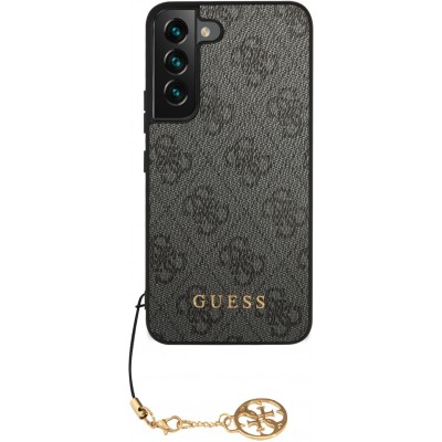 Samsung Galaxy S24 Case Hülle - Guess Leinwand Kunstleder Monogramm goldenen Metall-Logo mit Charm Anhänger - Schwarz