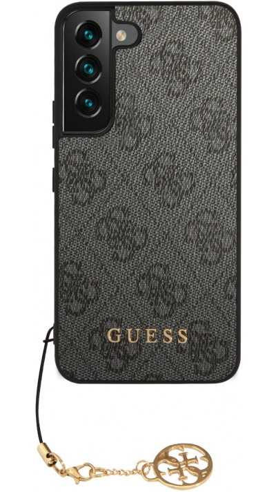 Samsung Galaxy S23+ Case Hülle - Guess Leinwand Kunstleder Monogramm goldenen Metall-Logo mit Charm Anhänger - Schwarz