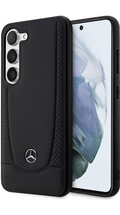 Galaxy S23 Case Hülle - Mercedes Echtleder Design Autositz mit Perforation und Metall-Logo - Schwarz