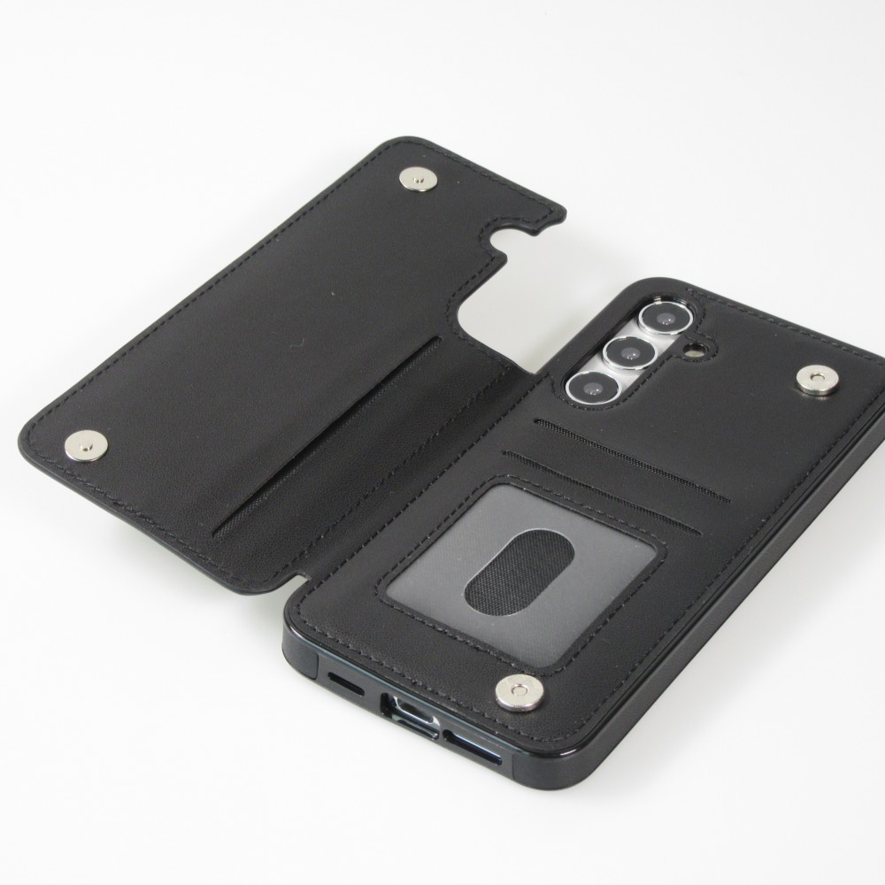 Galaxy S24+ Case H&uuml;lle - Silikon case mit Kunstleder Oberfl&auml;che und aufklappbarem Portemonnaie - Schwarz