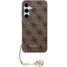 Samsung Galaxy S24 Case Hülle - Guess Leinwand Kunstleder Monogramm goldenen Metall-Logo mit Charm Anhänger - Braun