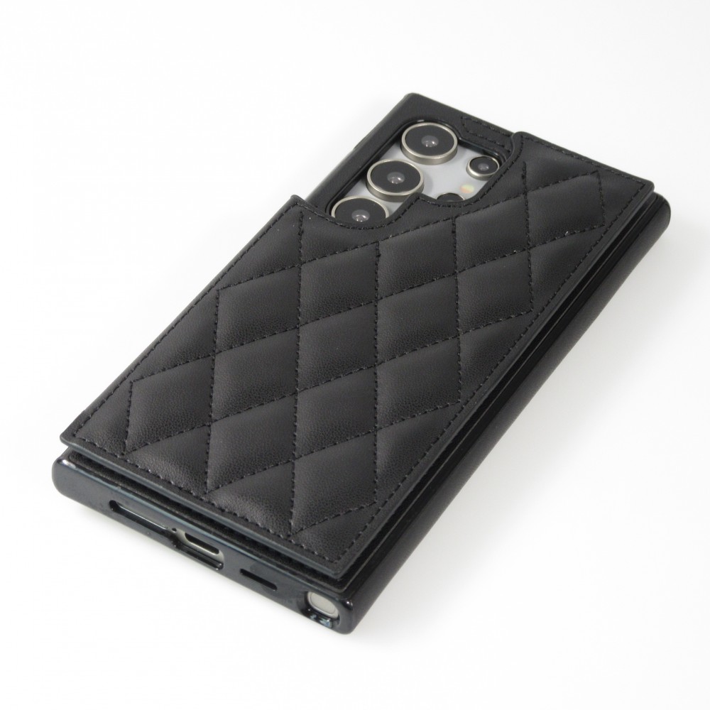 Galaxy S24 Ultra Case H&uuml;lle - Silikon case mit Kunstleder Oberfl&auml;che und aufklappbarem Portemonnaie - Schwarz