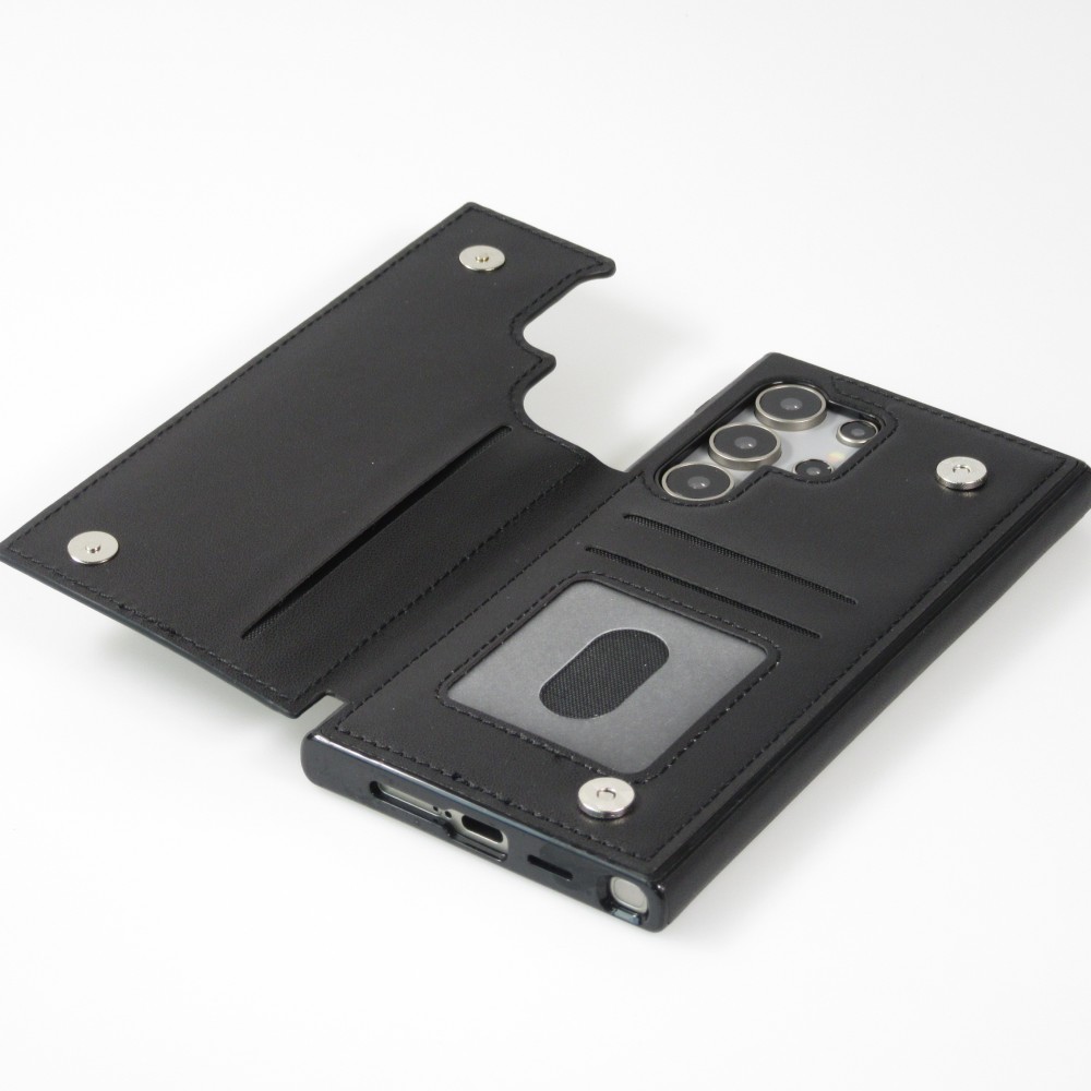 Galaxy S24 Ultra Case H&uuml;lle - Silikon case mit Kunstleder Oberfl&auml;che und aufklappbarem Portemonnaie - Schwarz