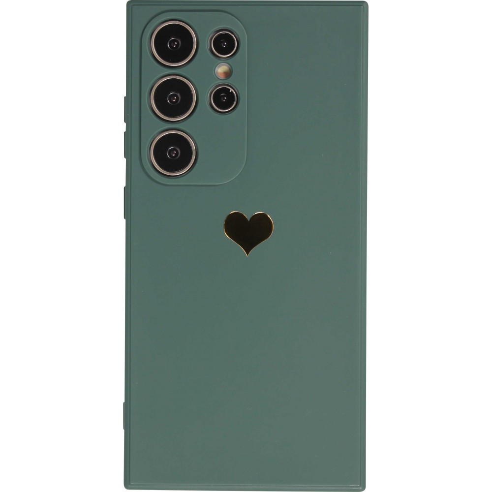 Samsung Galaxy S24 Ultra Case Hülle - Silikon Mat Herz gold - Dunkelgrün