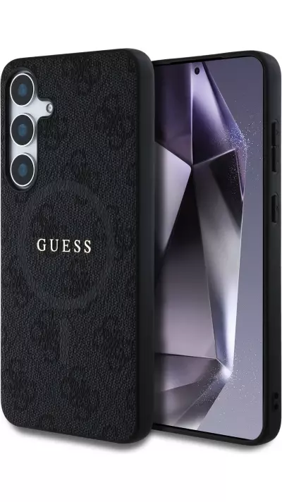 Samsung Galaxy S25 Case Hülle - Guess Monogramm Kunstleder mit integriertem MagSafe und goldenem Logo - Schwarz