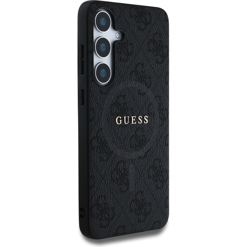 Samsung Galaxy S25 Case Hülle - Guess Monogramm Kunstleder mit integriertem MagSafe und goldenem Logo - Schwarz