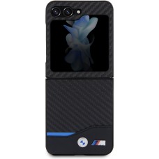 Coque Samsung Galaxy Z Flip5 - BMW M effet carbone et cuir avec logo métallique en relief - Noir