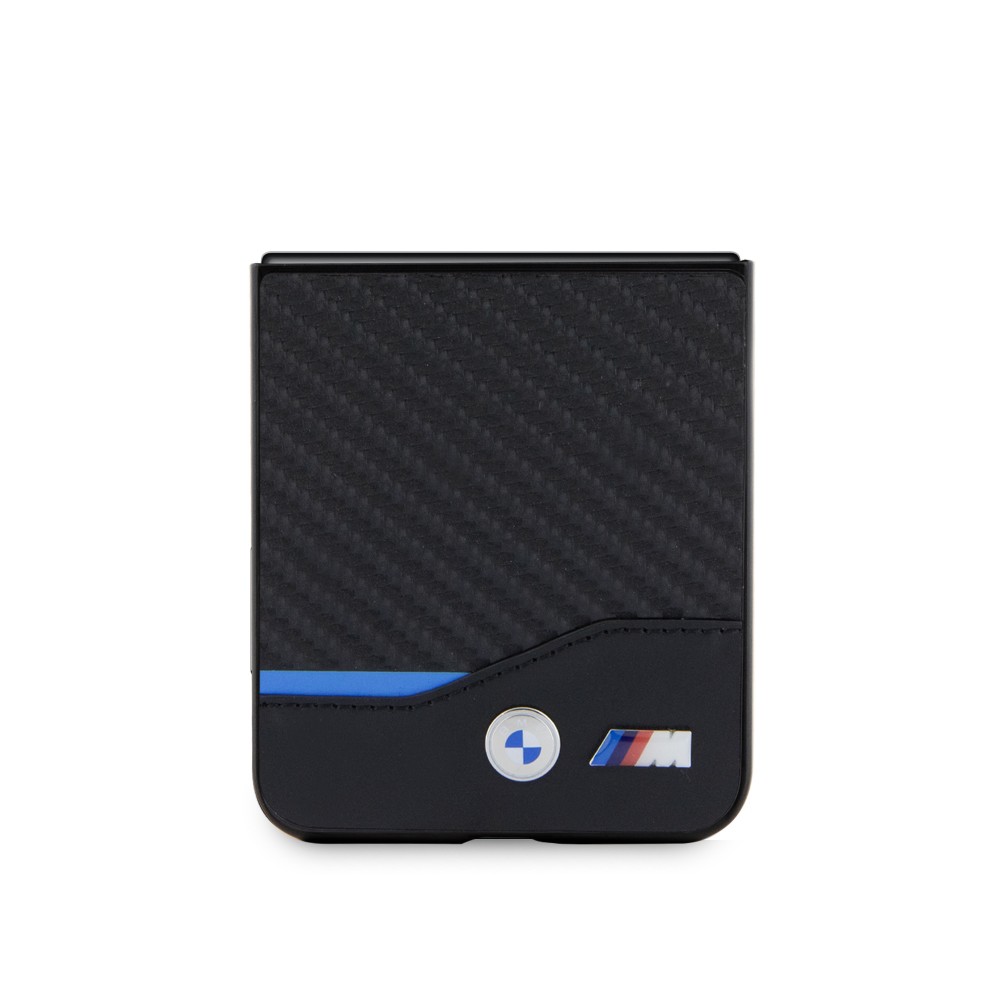Coque Samsung Galaxy Z Flip5 - BMW M effet carbone et cuir avec logo métallique en relief - Noir
