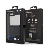 Coque Samsung Galaxy Z Flip5 - BMW M effet carbone et cuir avec logo métallique en relief - Noir