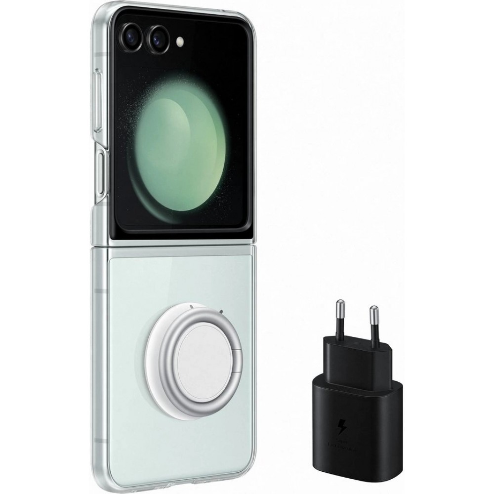 Samsung Galaxy Z Flip5 Case Hülle - Transparente Schutzhülle mit Ständer + 25W USB-C Ladegerät (Samsung Starter Pack)