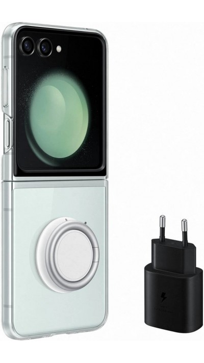 Samsung Galaxy Z Flip5 Case Hülle - Transparente Schutzhülle mit Ständer + 25W USB-C Ladegerät (Samsung Starter Pack)