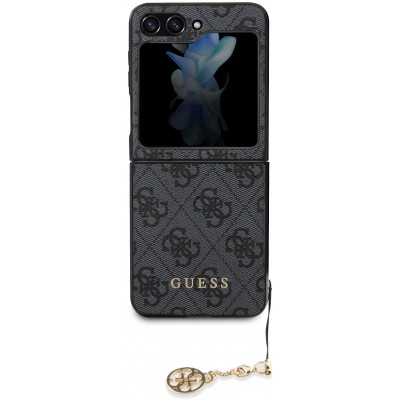 Samsung Galaxy Z Flip5 Case Hülle - Guess Leinwand Kunstleder Monogramm goldenen Metall-Logo mit Charm Anhänger - Schwarz