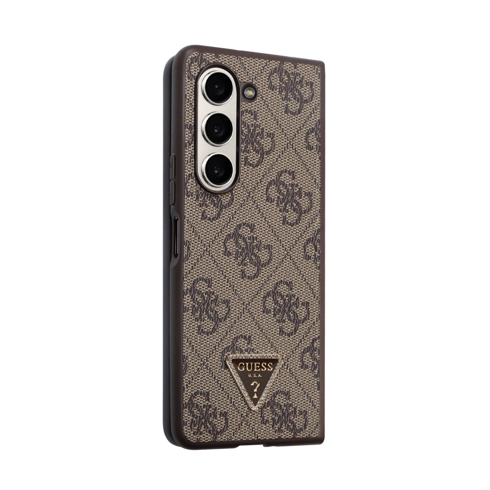 Coque Samsung Galaxy Z Fold5 - Guess monogramme similicuir logo métal et strass - Brun