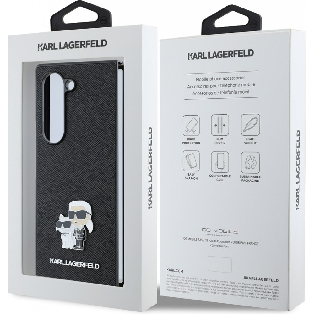 Coque Samsung Galaxy Z Fold6 -  Karl Lagerfeld Saffiano avec Karl et Choupette logo métallique - Noir