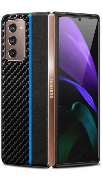 Case Hülle Samsung Galaxy Z Fold3 5G - Leder mit Karbonstruktur - Blau