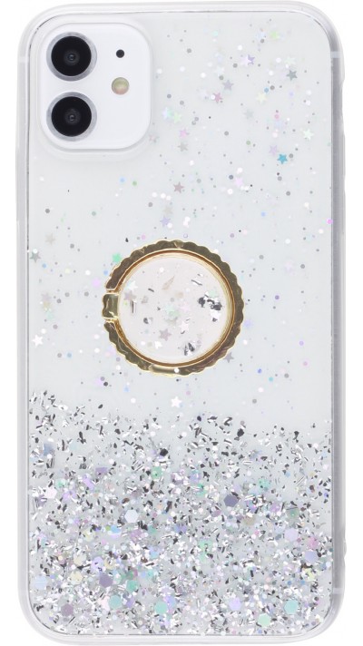 Hülle iPhone 13 - Gummi silberner Pailletten mit Ring - Transparent