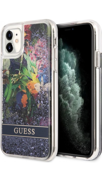 iPhone 11 Case Hülle - Guess Flüssigkeit mit schwebenden blauen Pailletten und tropischen Blumen Hintergrund