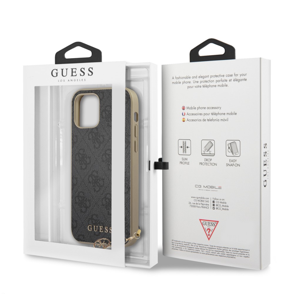 iPhone 12 / 12 Pro Case Hülle - Guess Leinwand Kunstleder Monogramm goldenen Metall-Logo mit Charm Anhänger - Schwarz / gold